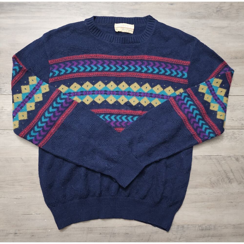 Vintage Reed St James Mens Sweater Medium Blue Knit Pullover Crew Grandpa